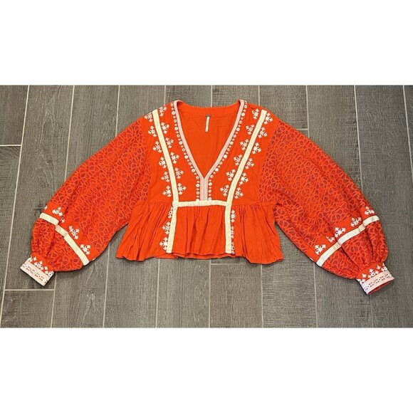 Free People Blouse boogie all night Size XS Crop top Embroidery Lace Red V Neck - Picture 6 of 16